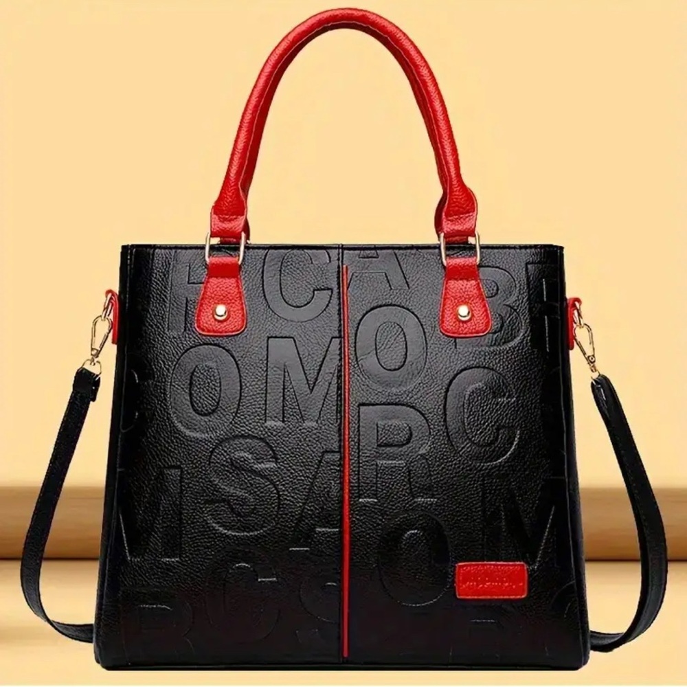 Perfect Lily Black Embossed Letter Tote Bag Red Handle Crossbody NIP - Picture 12 of 12